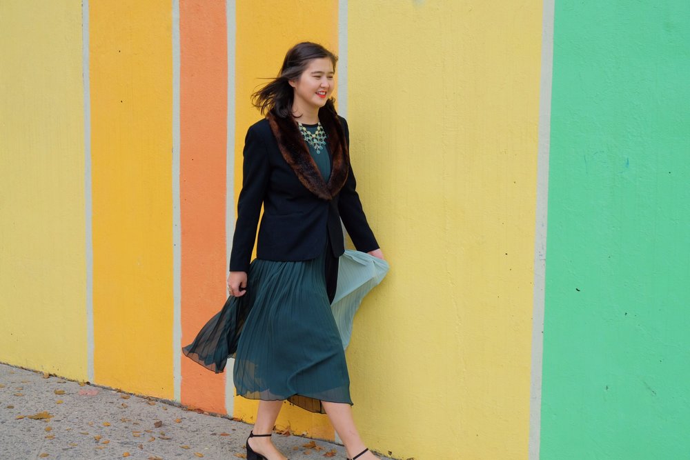 green pleated midi dress