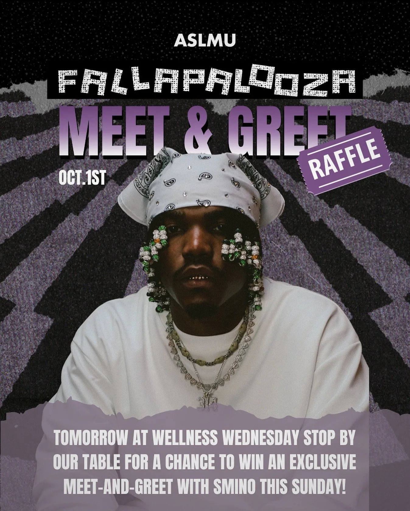 Get ready for a fun Wellness Wednesday tomorrow!
Swing by our table for your chance to win an exclusive meet-and-greet with Smino this Sunday!
&bull; Don't miss out on this exciting opportunity!
-
#ASLMU