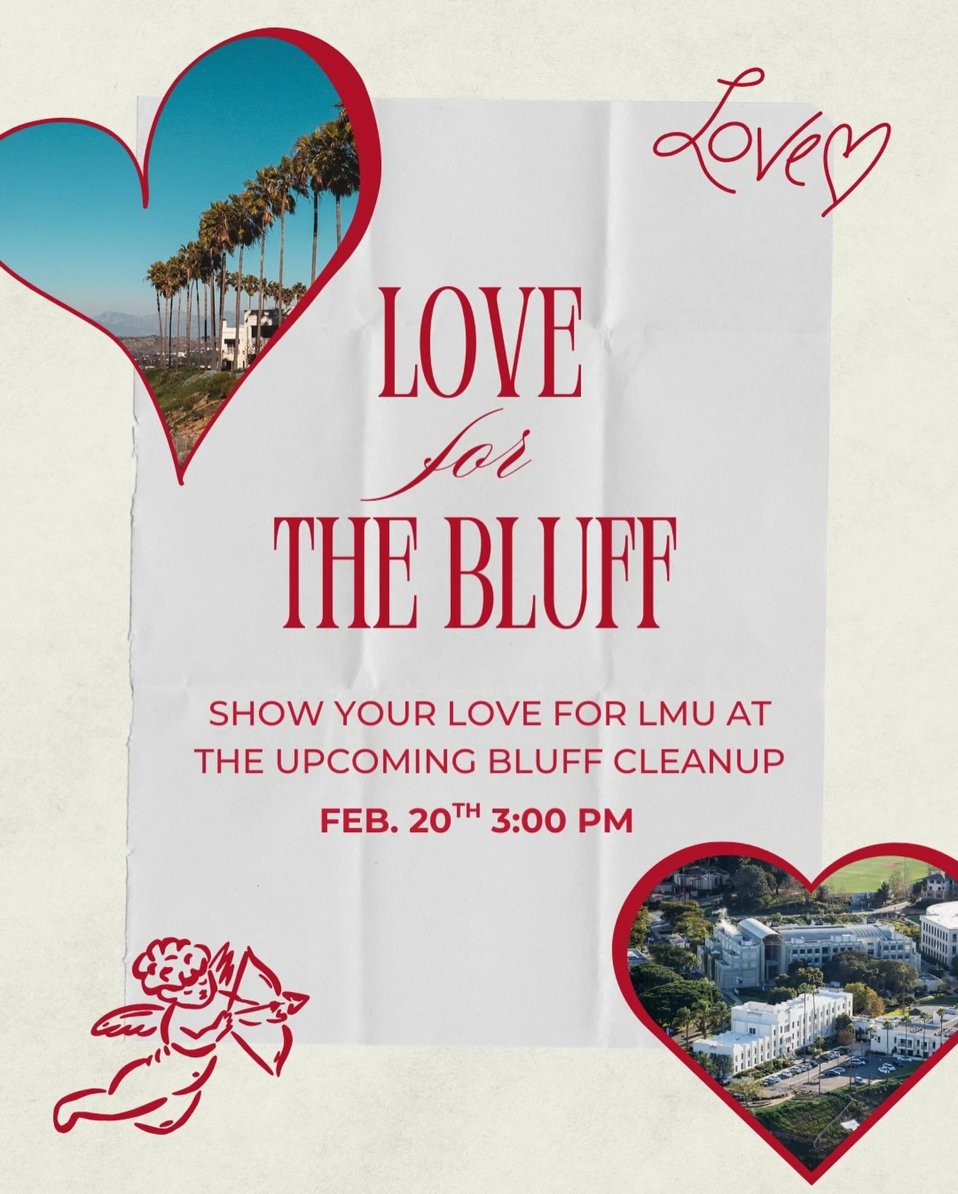 Show your love to the bluff by joining the ASLMU Sustainability Team on&nbsp;February 20th to clean up our beloved scenic overlook. 
Meet outside the&nbsp;Mbongi Spot at 3pm. 
Gloves and bags provided! Bring yourself and your love for the bluff.
-
Si