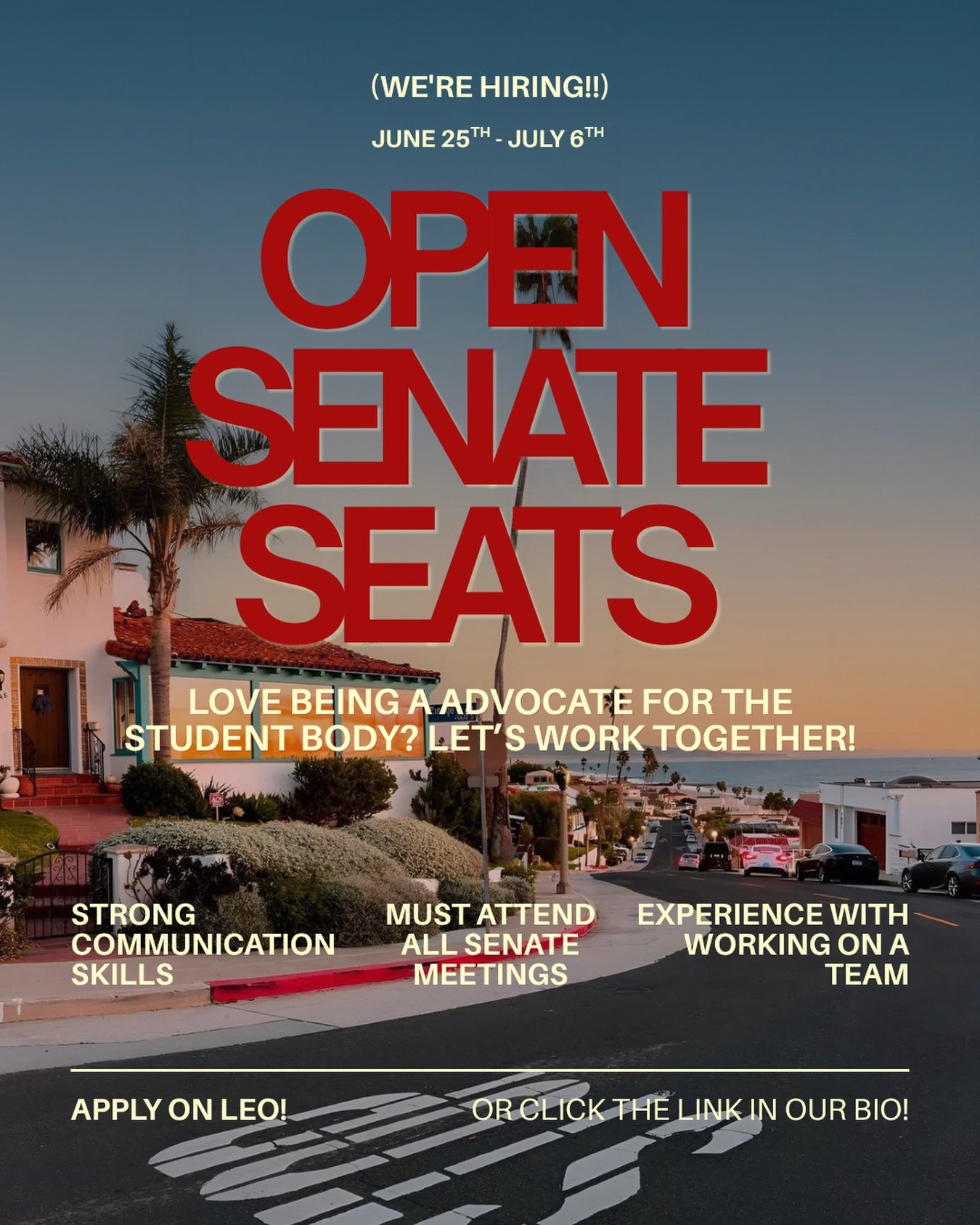 We're Hiring! we are currently looking to fill open senate seats!
-
Applications are open from June 25 to July 6 at 11:59 PM
-
apply on Leo or click the link in our bio!