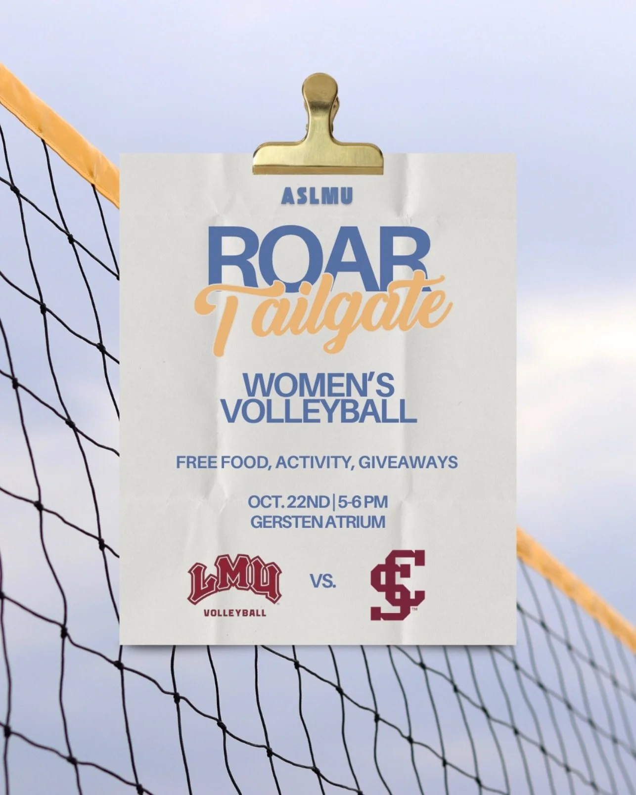 ROAR Tailgate is back!

Come out on October 22 to support LMU Women&rsquo;s Volleyball and enjoy FREE food, fun activities, giveaways, and all the Lion pride you can bring!

Bring your friends, show up loud, and let&rsquo;s ROAR together!

#ASLMU

Ne