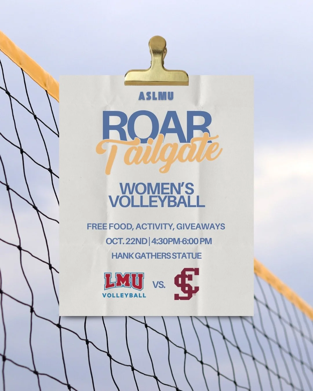 ROAR Tailgate is back! 

Come out on October 22 to support LMU Women&rsquo;s Volleyball and enjoy FREE food, fun activities, giveaways, and all the Lion pride you can bring!

Bring your friends, show up loud, and let&rsquo;s ROAR together!

#ASLMU 

