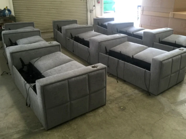 The West End is a modern design that can be specified with loungers. This custom configuration was designed for a cinema inside a hotel, and is nearly ready for shipping.