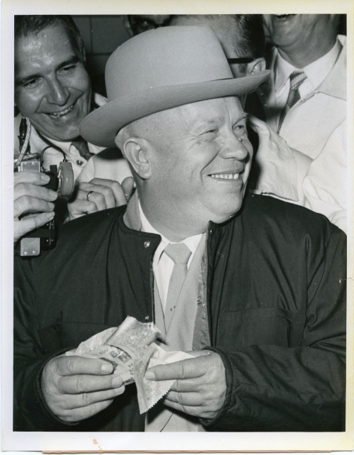 Khrushchev enjoying a hot dog in Iowa, 1959. In his own words, it was "Wonderful, but not enough." He declined having a second one, though. He was a good Communist.