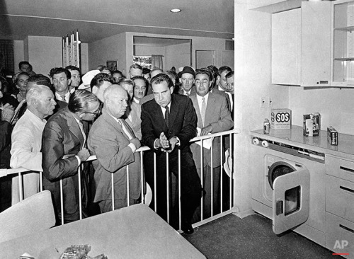 During an American exhibition in Moscow, 1959, Khrushchev (left), argues about production and supply with then US Vice-president Richard Nixon (right).