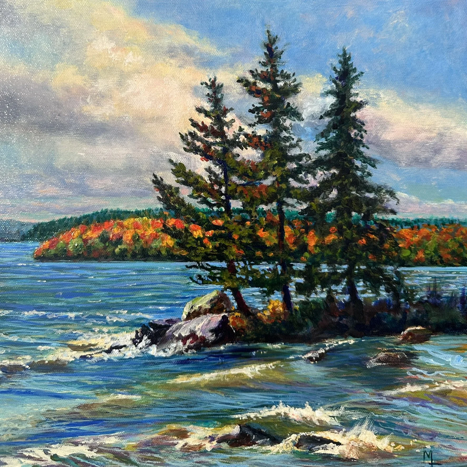 A colorful impressionist painting of a seascape scene with a small tree on a rocky outcrop, surrounded by water with waves, and a pastel sky with clouds.
