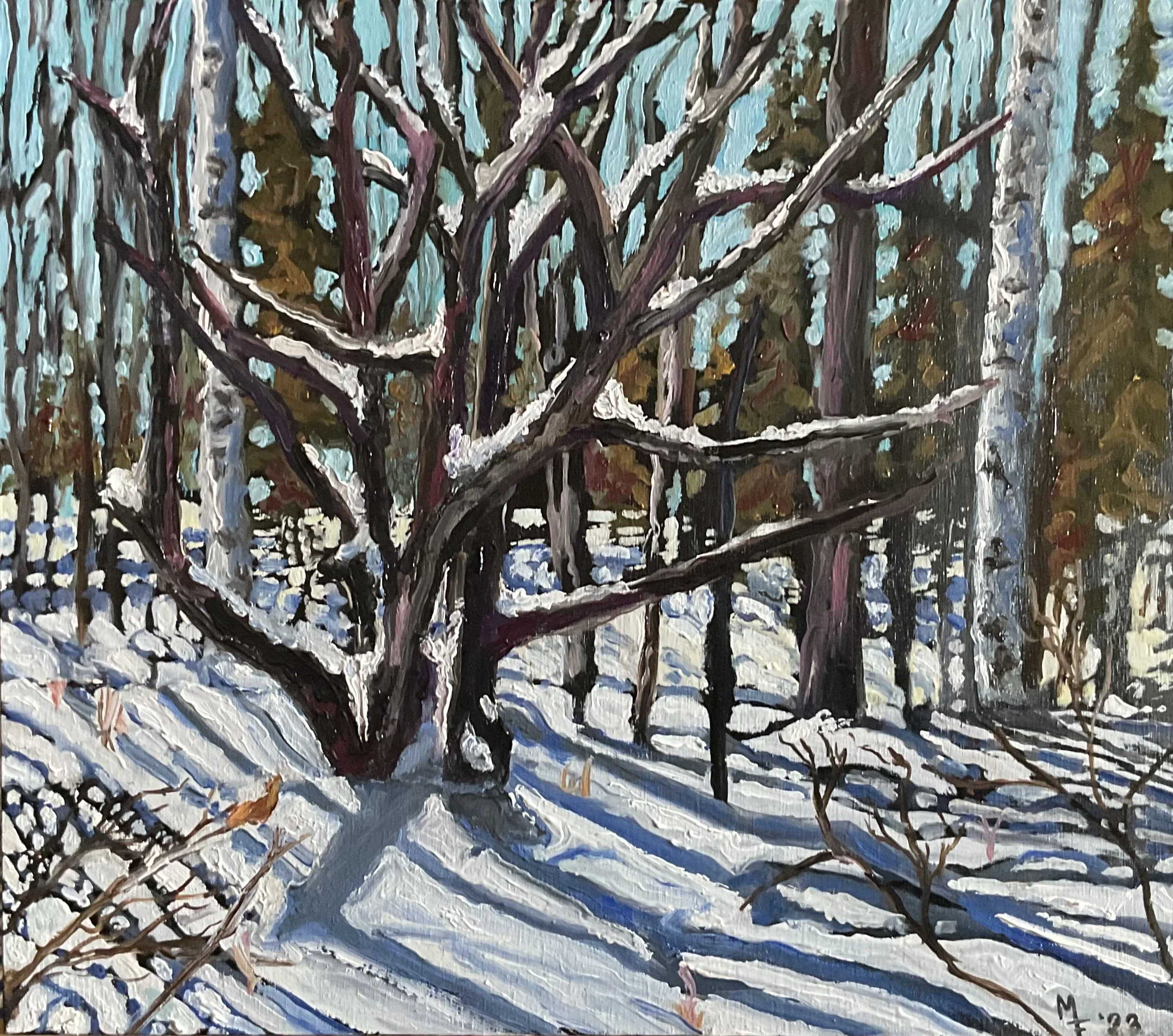 Painting of a snowy forest with leafless trees and a fence in the background.