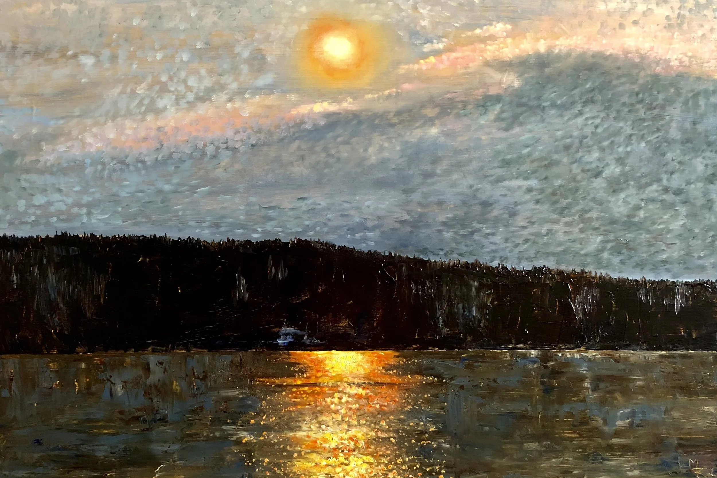 Oil painting of a sunset over a body of water with a dark landmass in the middle, reflections of the sun on the water, and a cloudy sky.