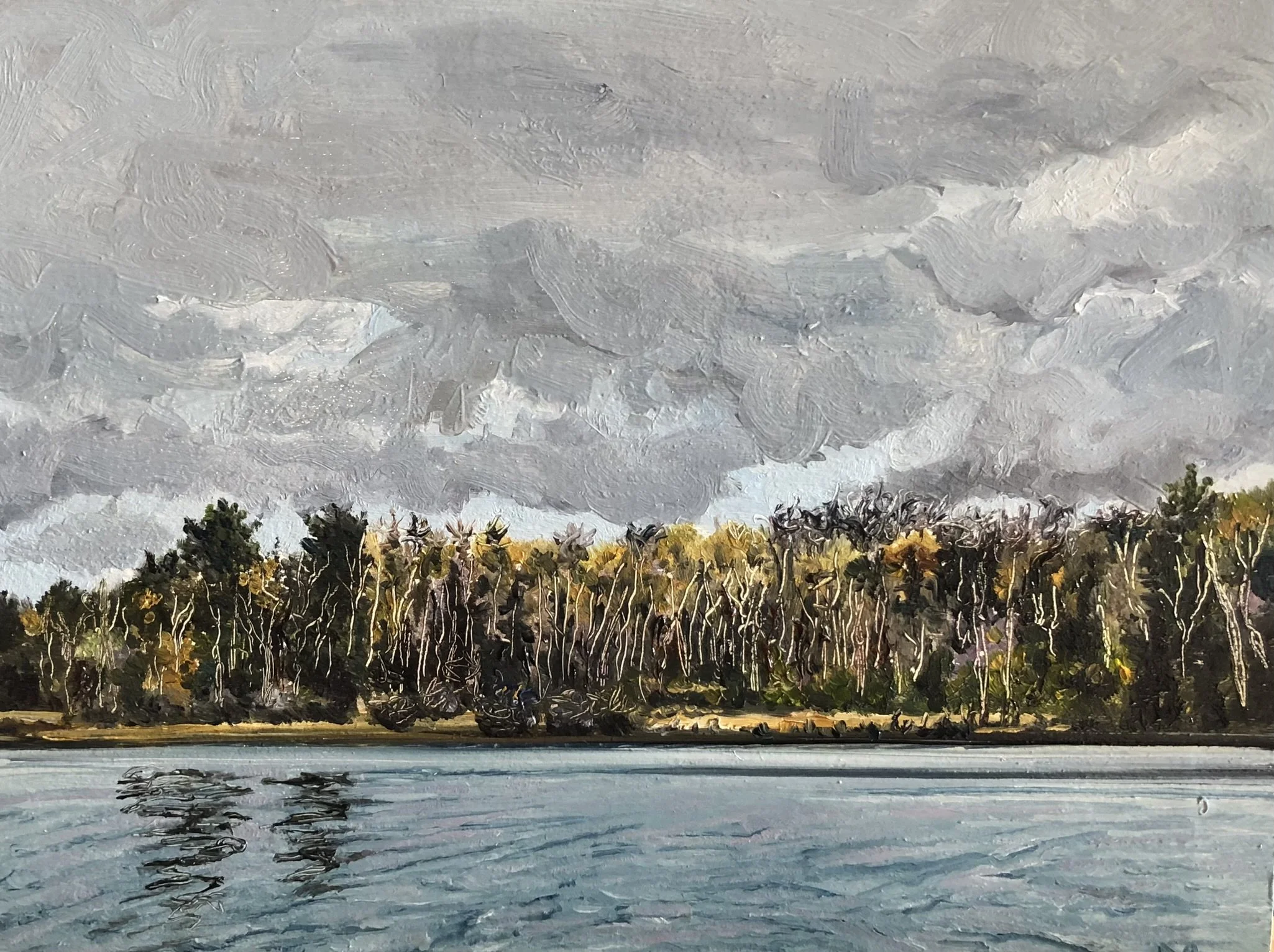 A landscape painting of a body of water with a forest of trees across, under a cloudy sky.
