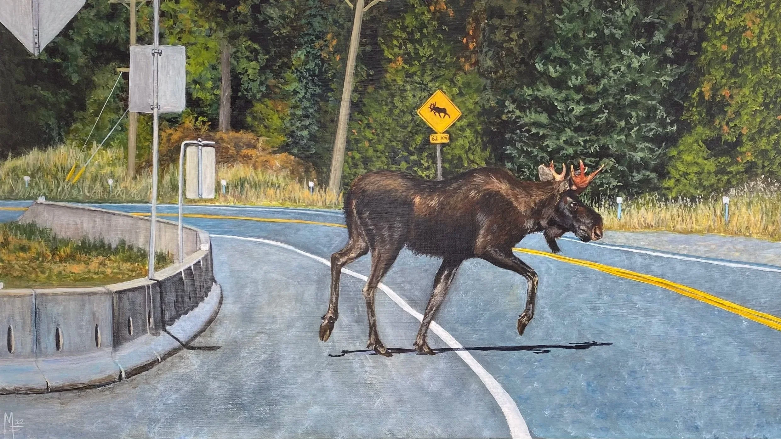 Painting of a moose crossing a rural road with a yellow warning sign, surrounded by greenery and trees.