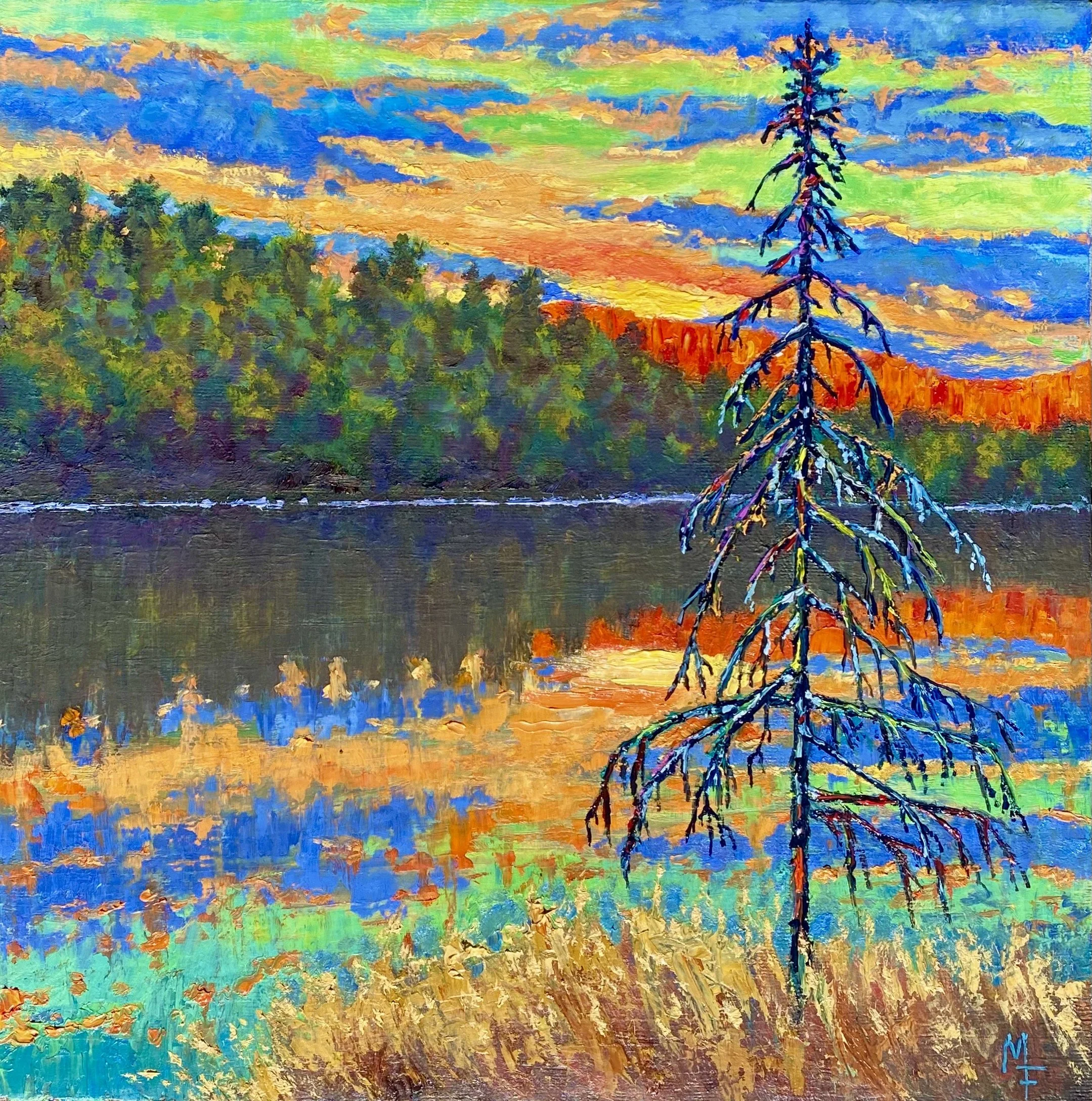 Abstract landscape painting with vibrant colors, featuring a bright sunset sky, hills, and a solitary tree in the foreground.