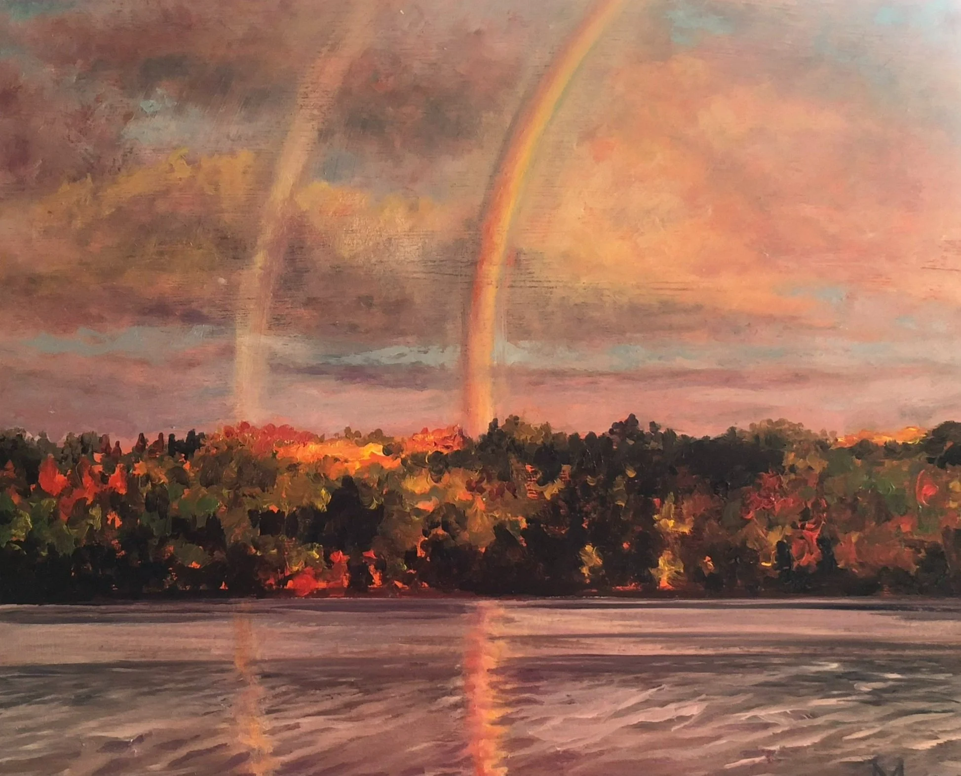 A landscape painting of two rainbows over a colorful forested shoreline, reflected in a body of water during sunset or sunrise.
