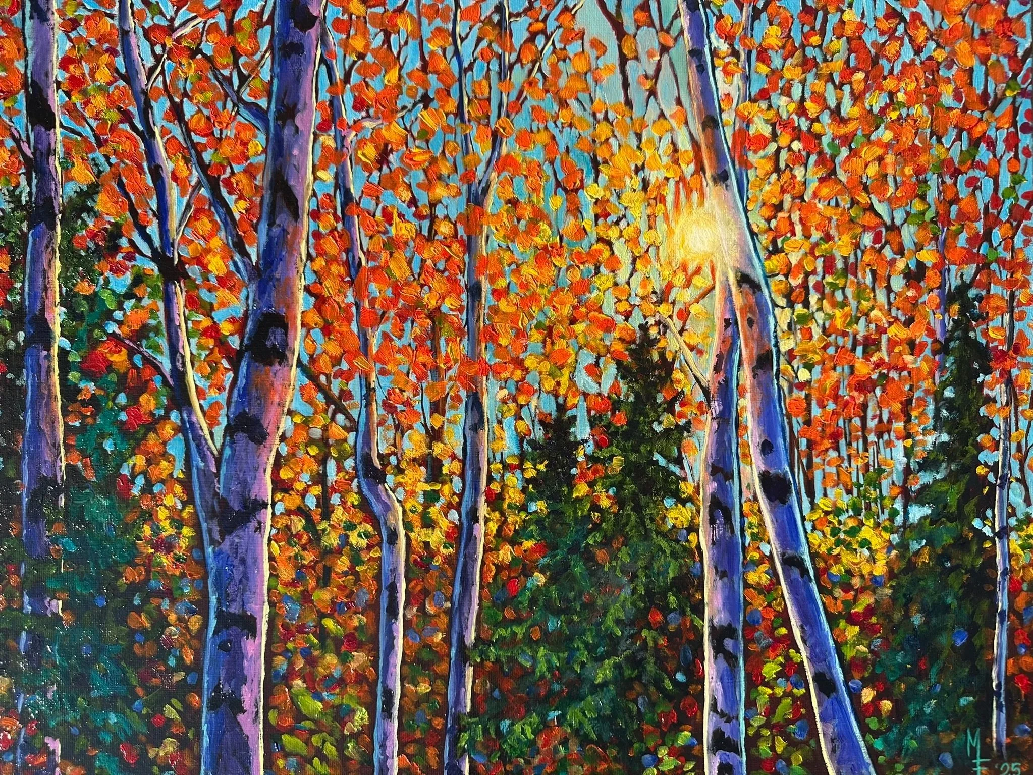 A colorful painting of a forest scene at sunset, featuring tall aspen trees with orange, yellow, and red leaves, and dark green pine trees below. The sun is shining through the trees, casting a warm glow.