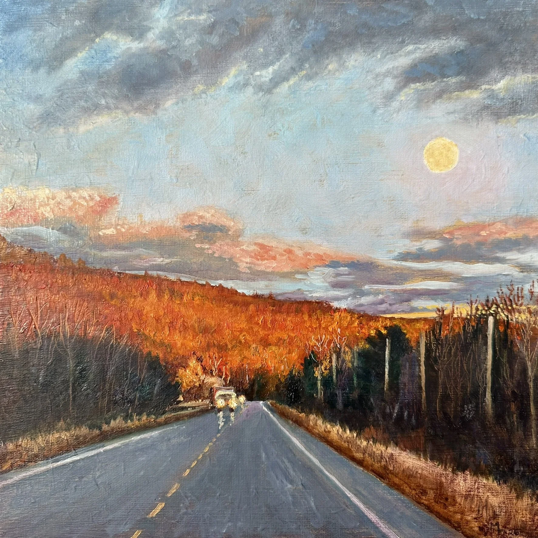 A painting of a sunset over a road bordered by trees with orange leaves, clouds in the sky, and a rainbow arching across the sky.