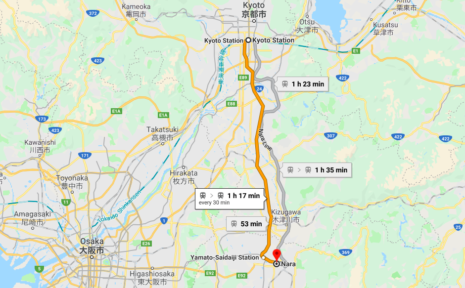 Shinkansen (“bullet train”) from Kyoto to Nara.
