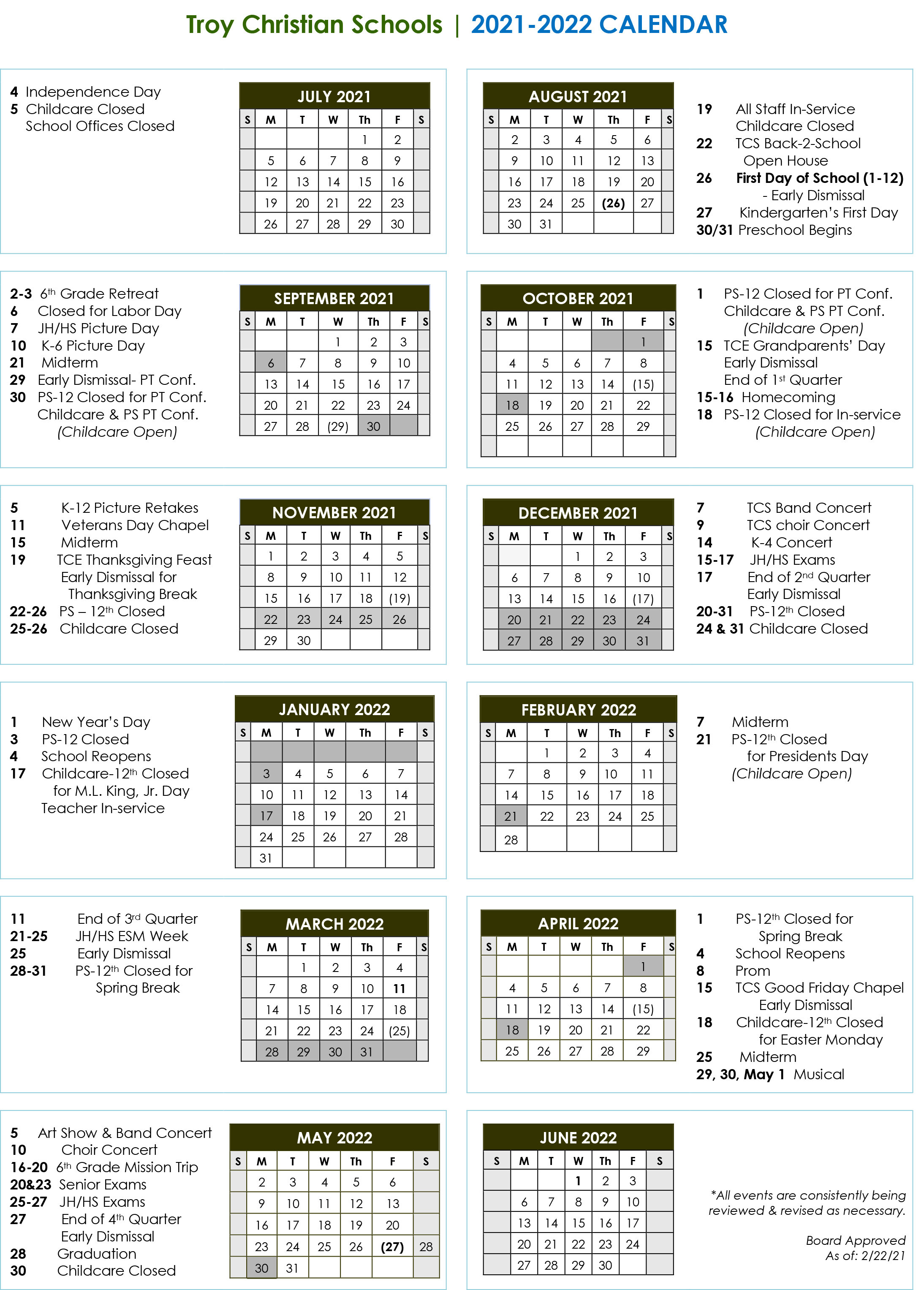 Christian Calendar 2022 Tcs Calendars — Christian School In Troy Oh | Troy Christian Schools