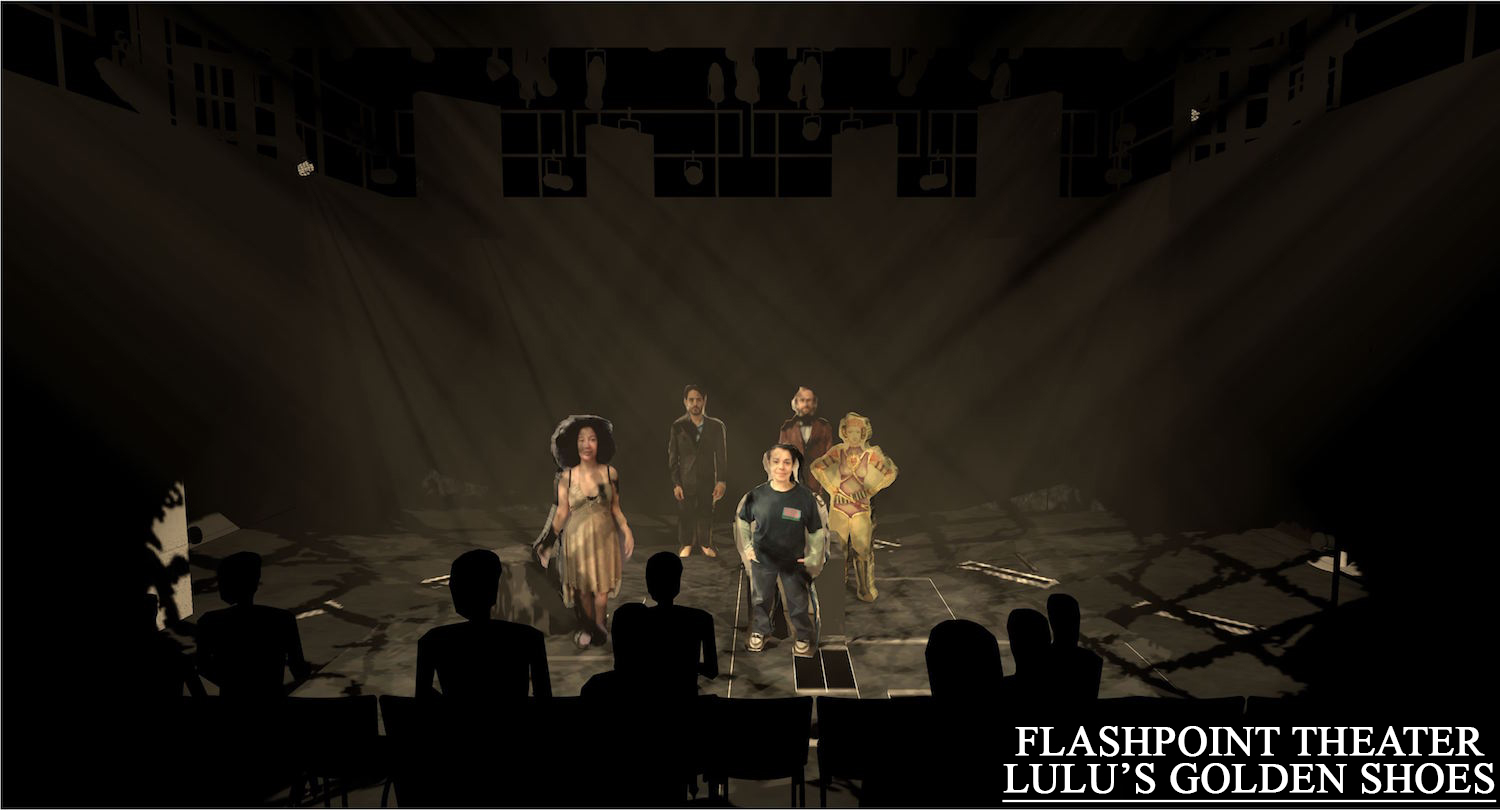 This is one of the first renderings I did for director Brenna Geffers. I took the costume designers renderings and costume pictures and created the little cutouts. Since the space was so even and minimal, I wanted to convey was how certa