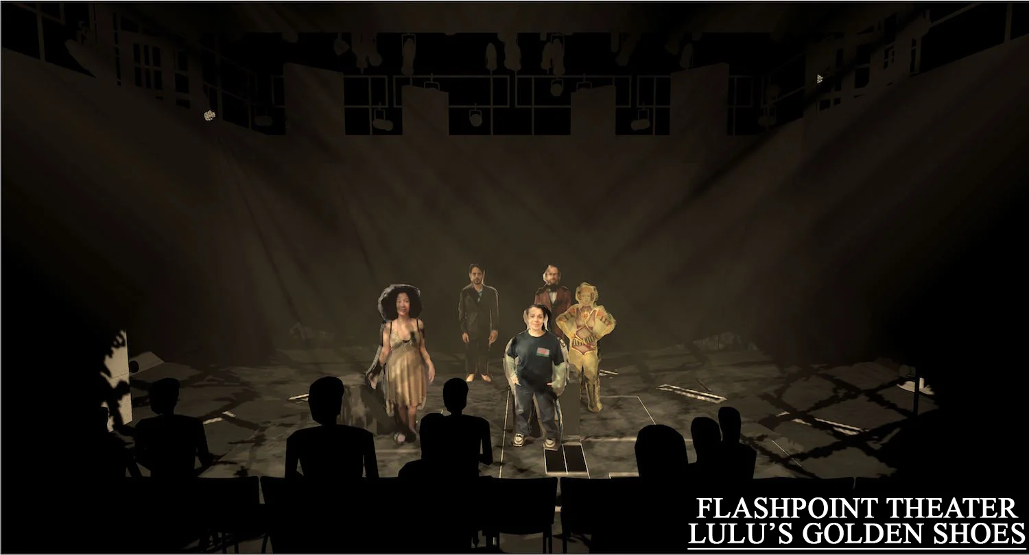 This is one of the first renderings I did for director Brenna Geffers. I took the costume designers renderings and costume pictures and created the little cutouts. Since the space was so even and minimal, I wanted to convey was how certain moments would be textured to help show different worlds. Set by Thom Weaver performed at University of the Arts.