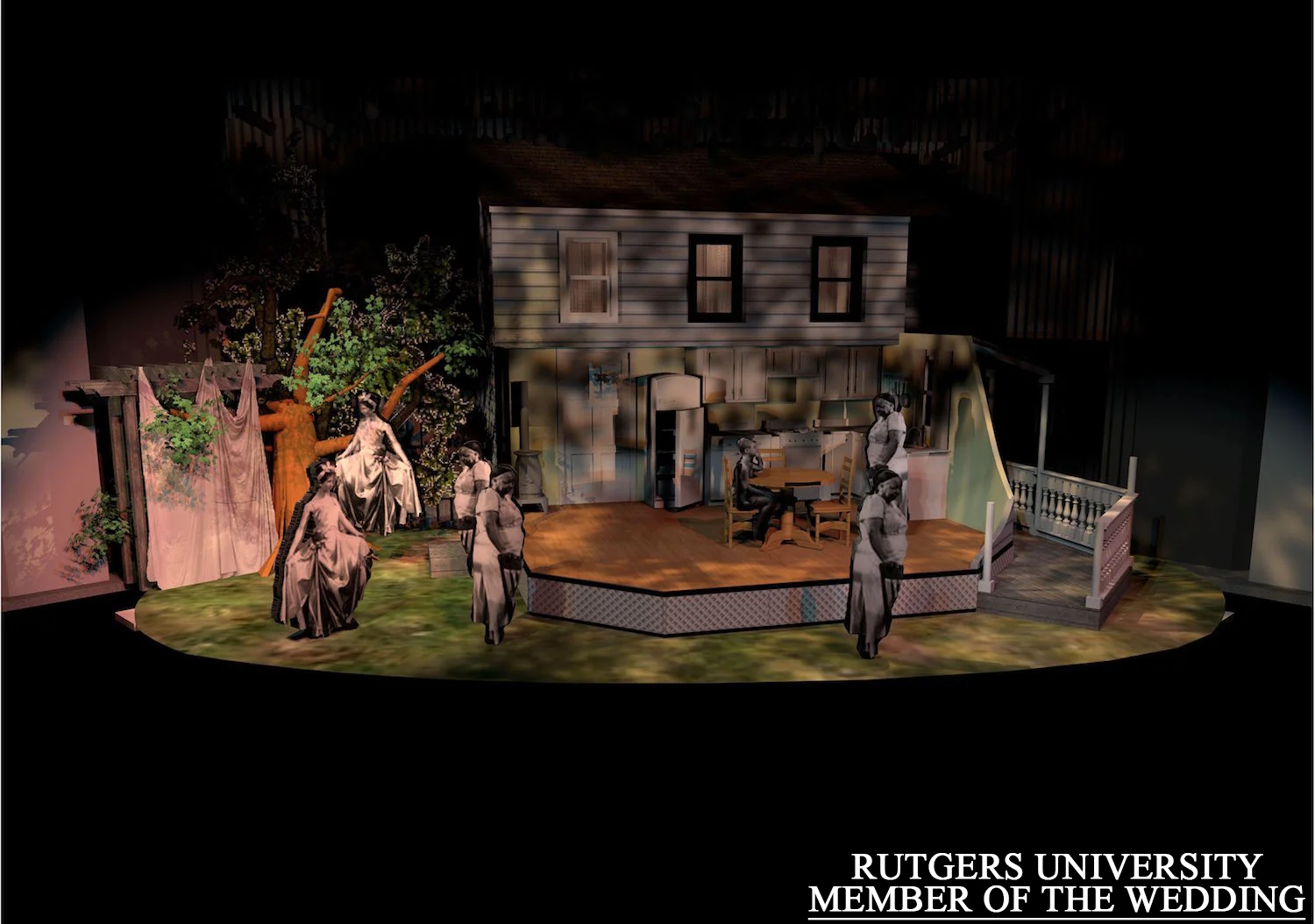 "Member of the Wedding" at Rutgers- Camden. Along with character cut outs from the movie, I started softening my template symbols to get a more accurate look. The rep plot used was limited to mostly front of house, but it allowed me to see what would work best after a series of comparisons. Directed by Jesse Bernstein, sets by Jim Lamont.