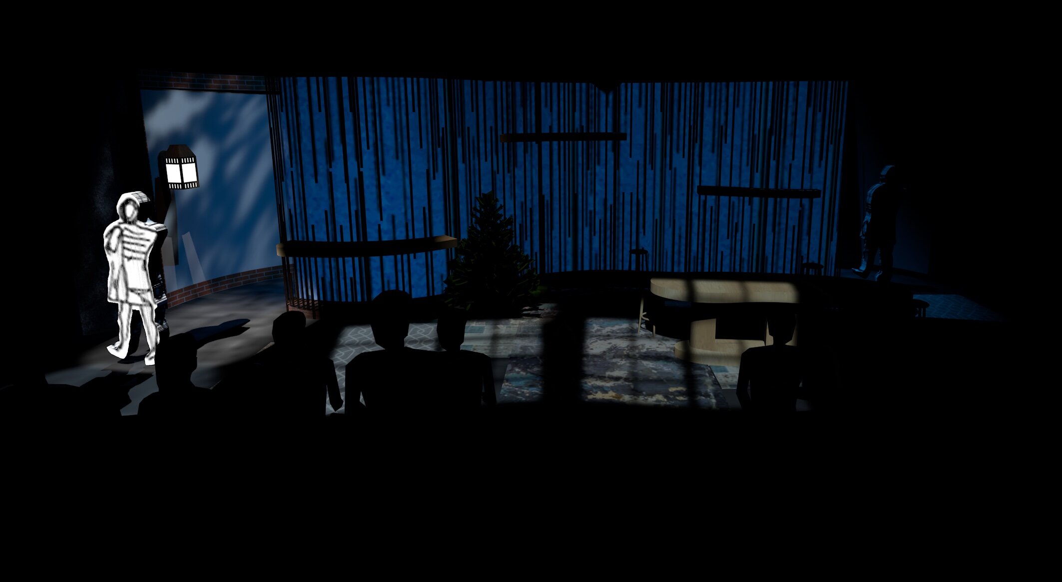 Noura- Opening moment of Noura alone in her thoughts outside. The SR area became out exterior entrance. The glowing porch light, window templates and translucent back wall are visible.