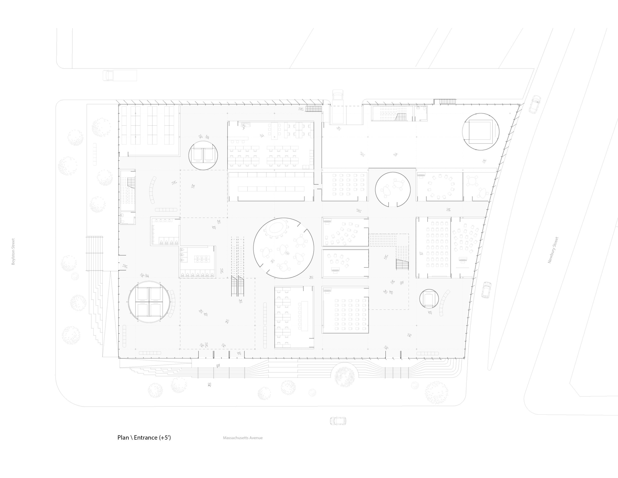 In the plan organization, the ambition was to create a unified whole with much openness between each independent organizations residing within the building. By making use of an open/floating plan, spatial isolation and connection are controlled through manipulating the proximity of distinct spaces and their respective access spaces. By providing areas for clusters of visitors, the proposed plan can still independently serve three different organizations without sacrificing their openness and connection to each other.