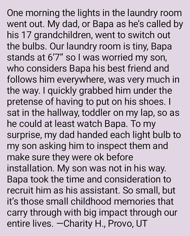 Still sharing some father/father figure kindnesses and this one comes from my own sister about our father. 💛 &quot;One morning the lights in the laundry room went out. My dad, or Bapa as he&rsquo;s called by his 17 grandchildren, went to switch out 