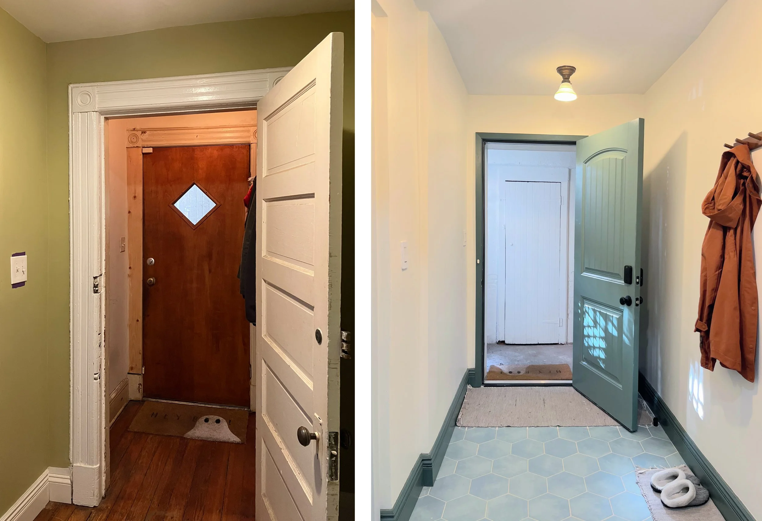Before & After: Two closet-size rooms became one generous entry hall with enough space for big items such as a bicycle or a stroller.