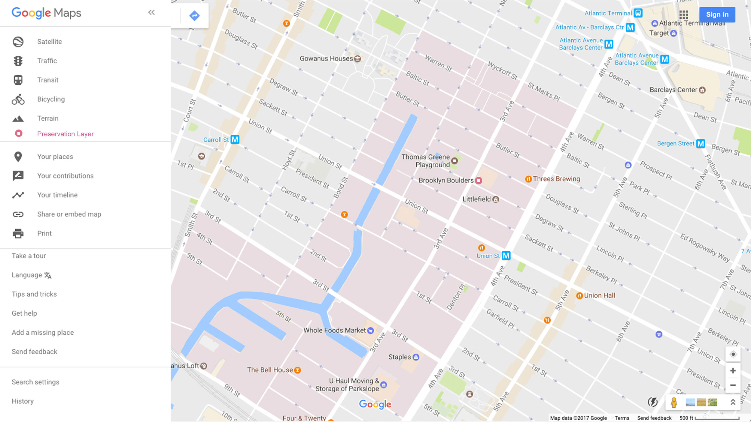 Gowanus on Google Maps with the Preservation Layer activated