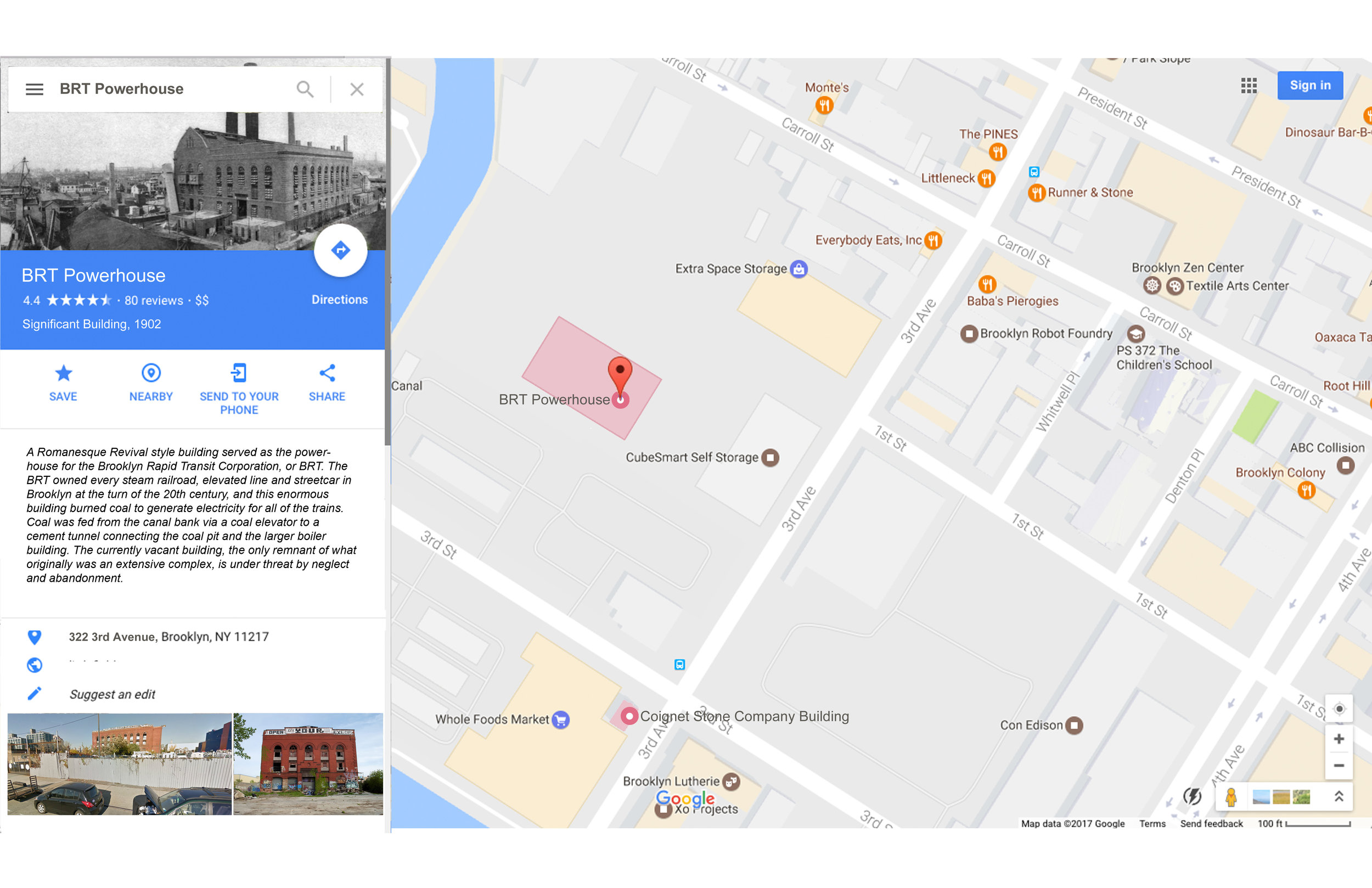 Google Maps Community Preservation Layer on: The BRT Powerhouse (highlighted) is now a Google Maps entry with information and rating as to its history and importance to residents