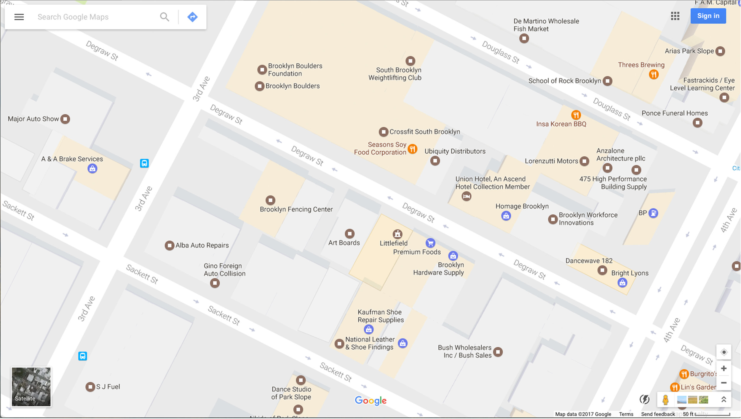 Existing Screenshot: Google Maps showing the area of Degraw Street as shown today illustrative the cluster of uses highlighted in beige