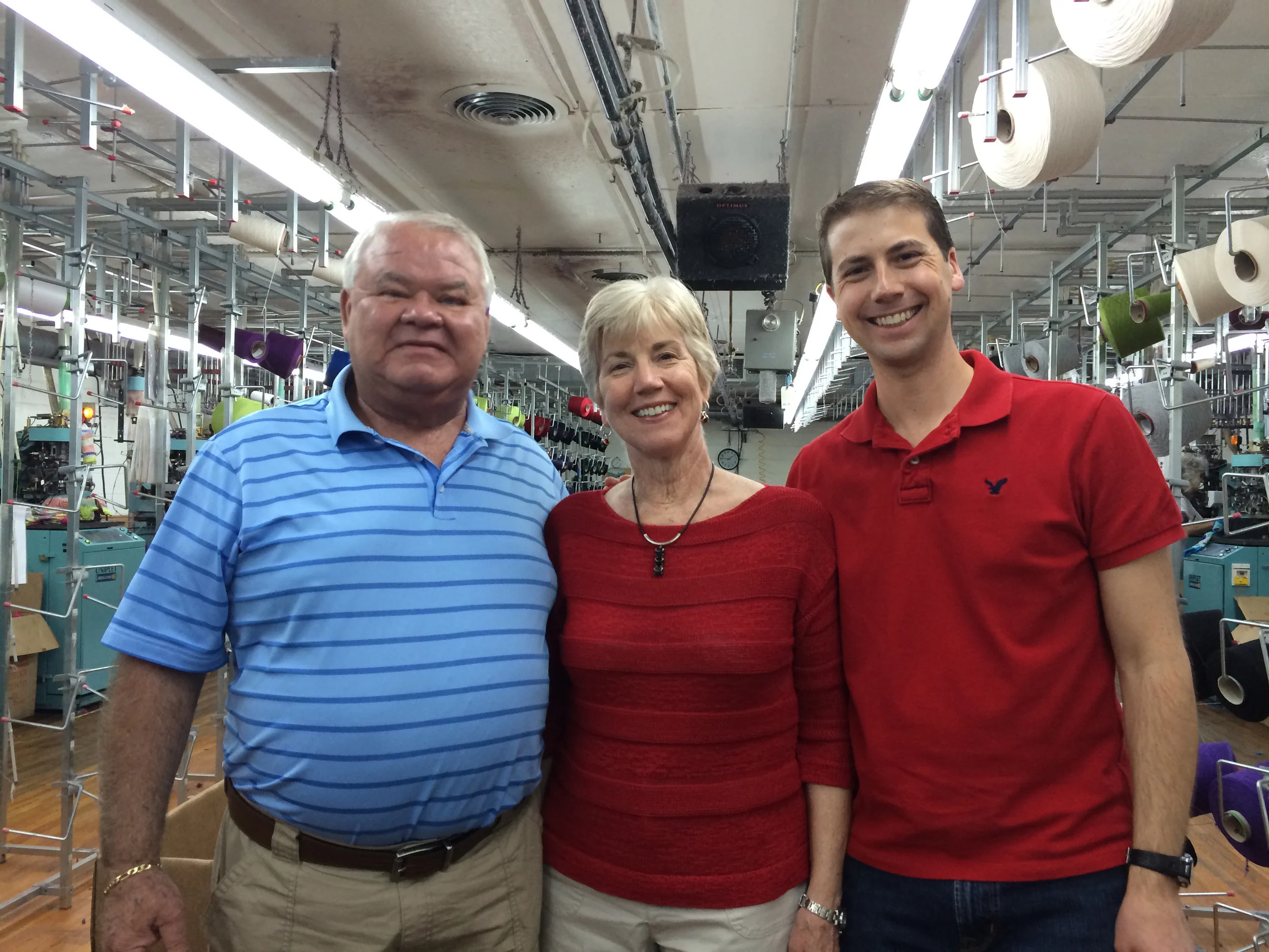 Original L&R Knitting owner Ron Brittain, Founder of Solmate Socks Marianne Wakerlin, and the new co-owner of both companies Randy Wakerlin