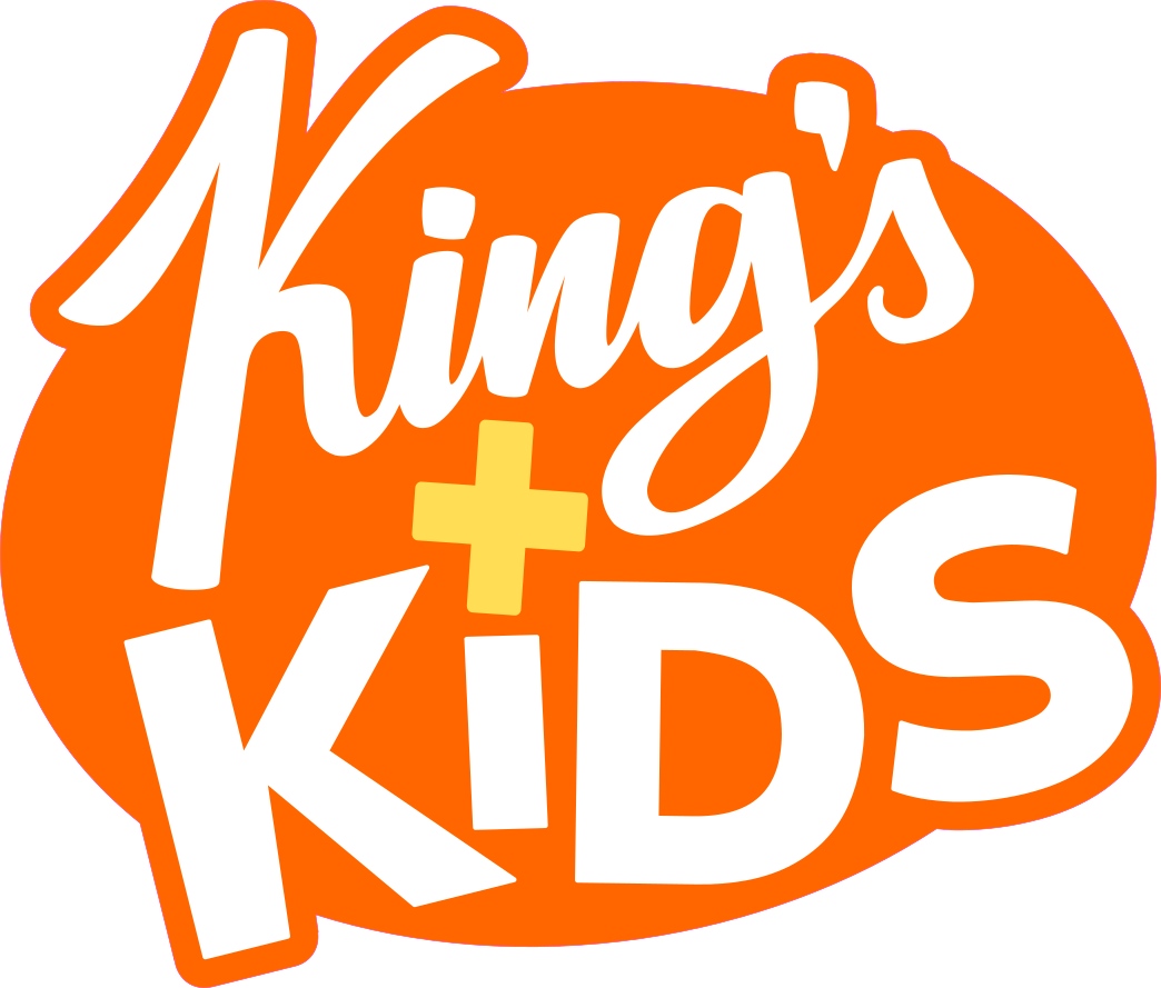 Image is the King's Kids logo. King's is written in White script font with Kids in bold block letters below. The is a yellow + sign between them and they are on a orange background that is circular in shape.