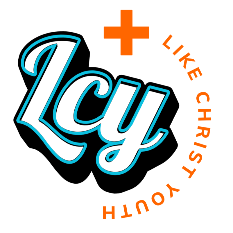 Like Christ Youth Logo features LCY in a script text. The letters are in white with a 3D effect in blue with a black shadow. On the right side there is a orange plus symbol with Like Christ Youth written in alas a circular border around the main LCY