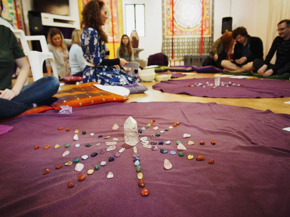 Chakra stone mandala with a clear quartz centre - the crystal experience 