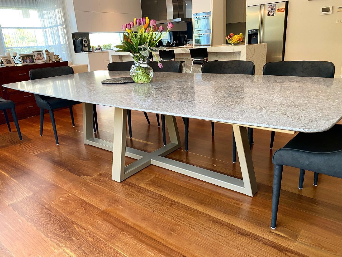 A large table base we made to suit the stone top. Powder coated in the colour: Champagne Kinetic Pearl. It has hidden support for the top.