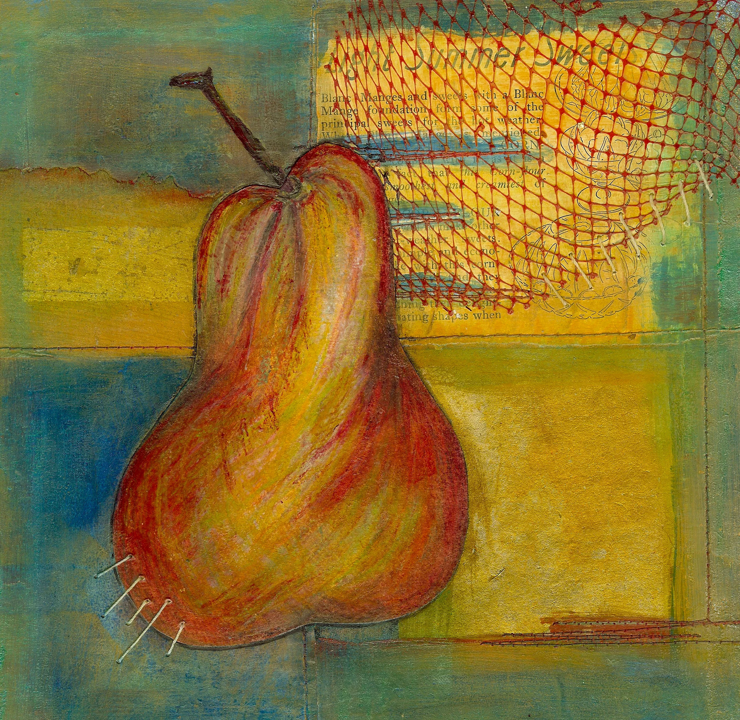 Pear with Light Summer Sweets, Mixed Media Collage and Stitching on Card.