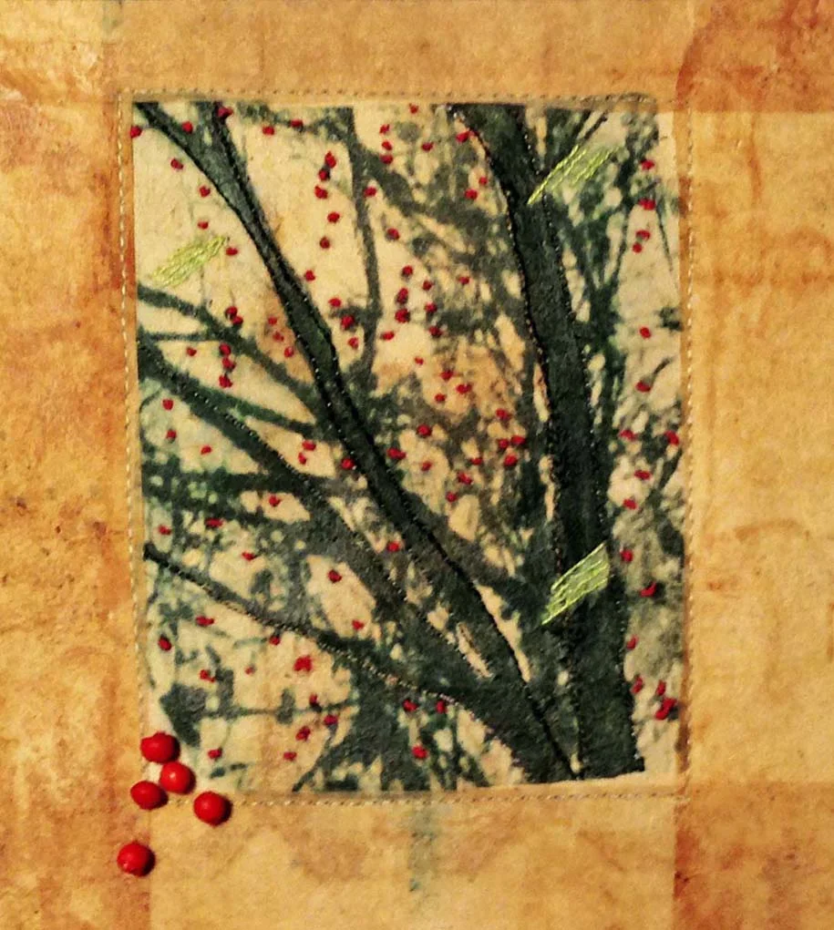Winterberries, Machine & Hand Embroidered Art Textile