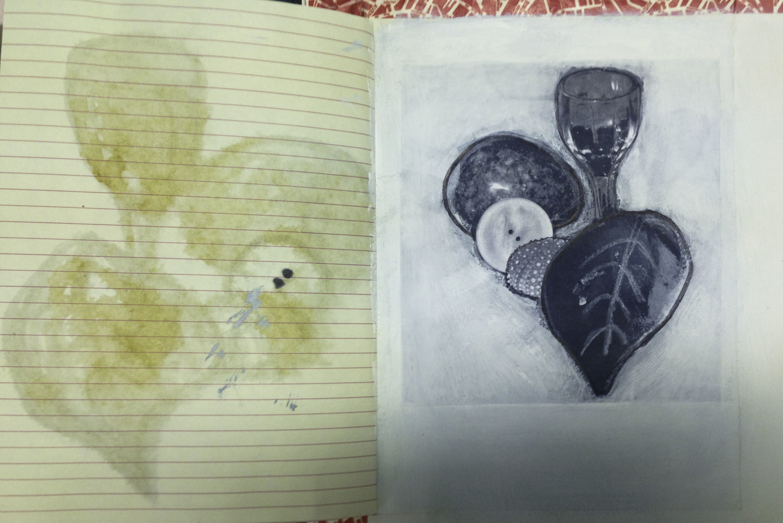 The base of the stitched book in my sketch book with one image copy I have overworked using gesso. I really like how on each of the old diary pages the ink is 'rusting' through and the drawing can be seen as an alternative work. 