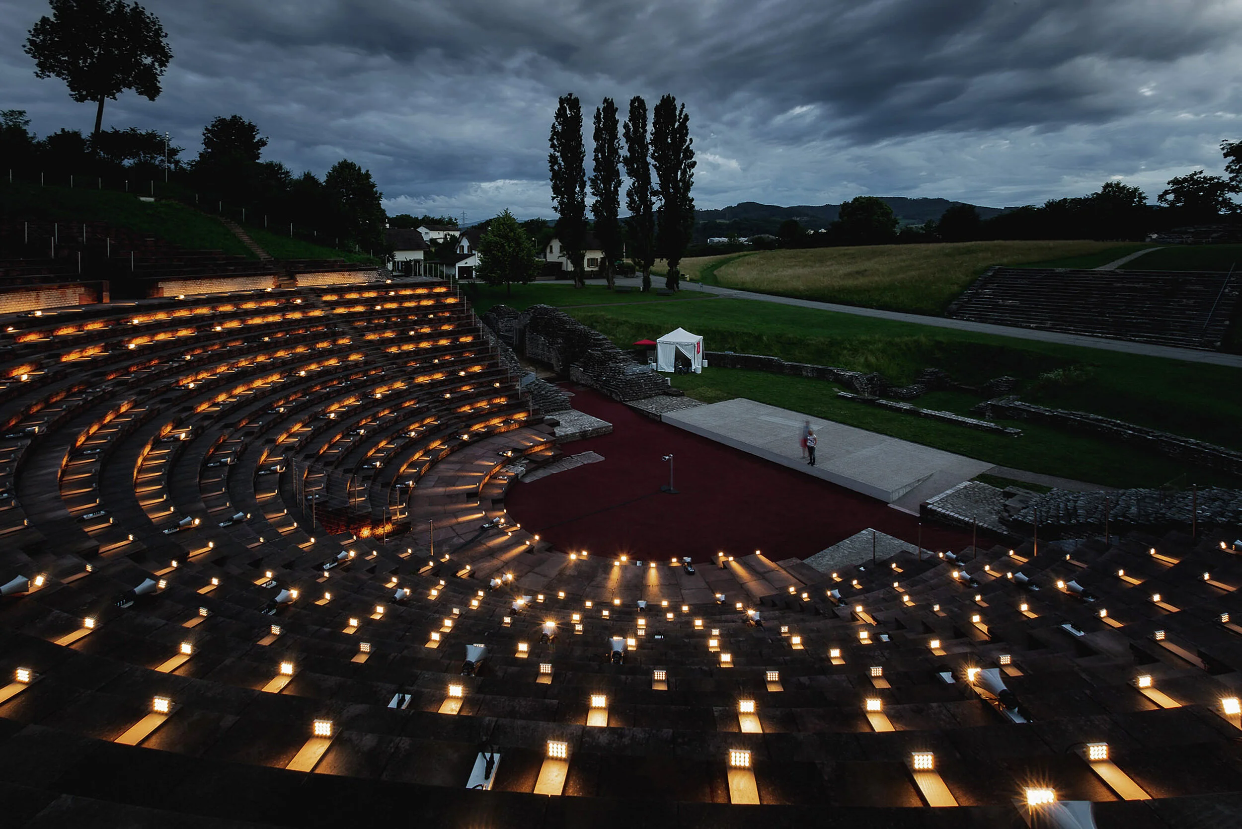 View of Augusta Raurica amphitheater with art installation by Lozano-Hemmer