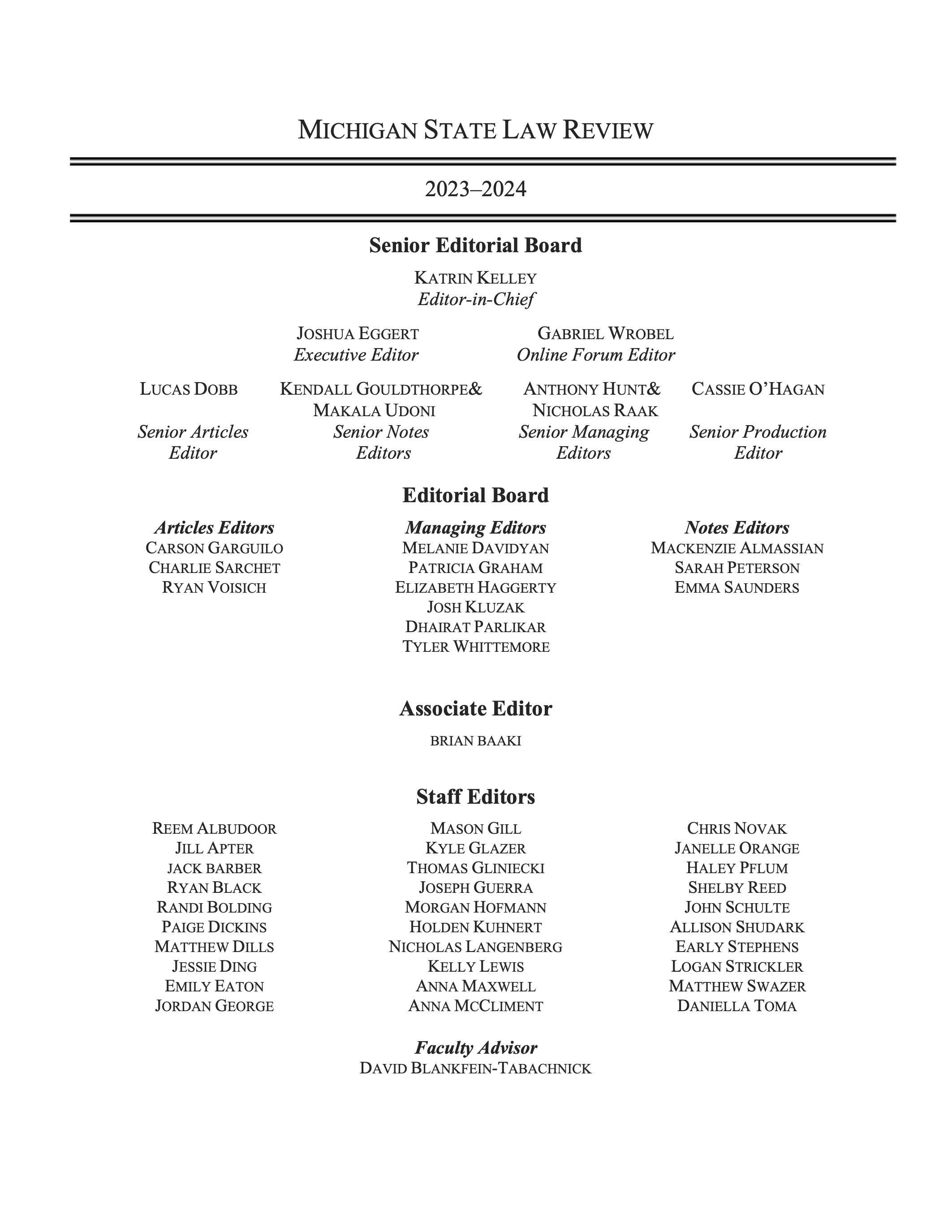 Masthead Volume 20232024 Michigan State Law Review