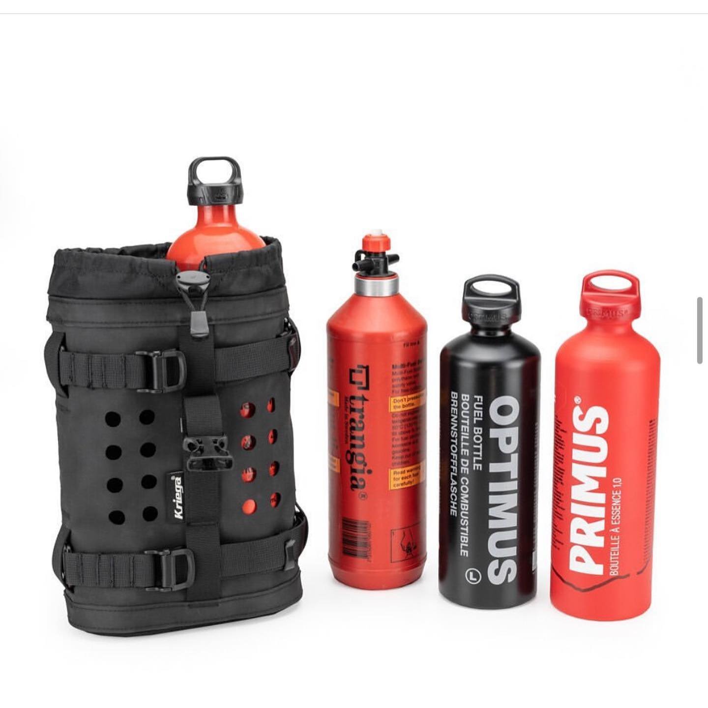 The OS-BOTTLE attachment adds to our modular luggage systems making transporting liquids or fuels easy &amp; safe. 
Carries 2 x 1-litre bottles or 1 x 2-litre Jerry can.
Swipe for inspiration