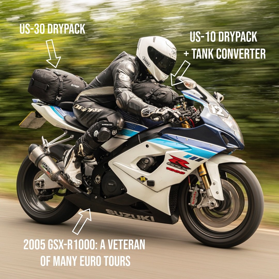 Sportsbike riders! Stop compromising with luggage. Turn your superbike into a tourer with Kriega US-Drypacks.
Waterproof, 10-year guarantee, extremely secure &amp; stable, modular (add more capacity when you need it), universal fit - keep the luggage