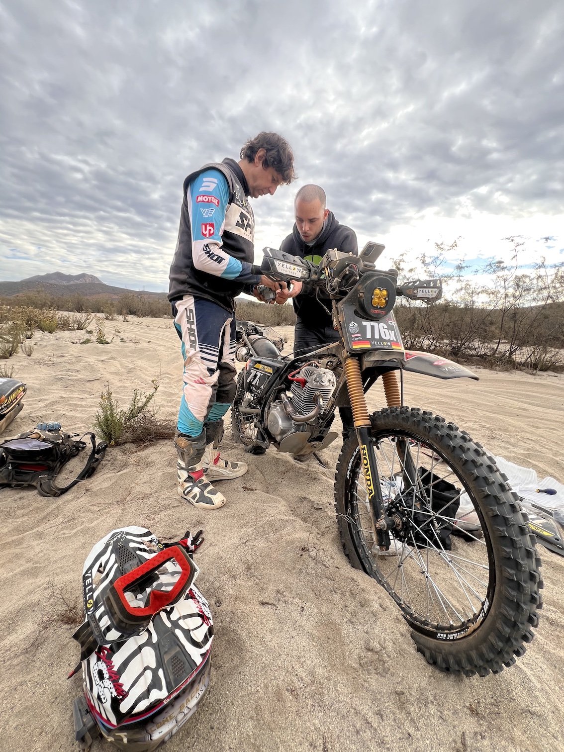 Vintage motorcycle broken down on the Baja 1000