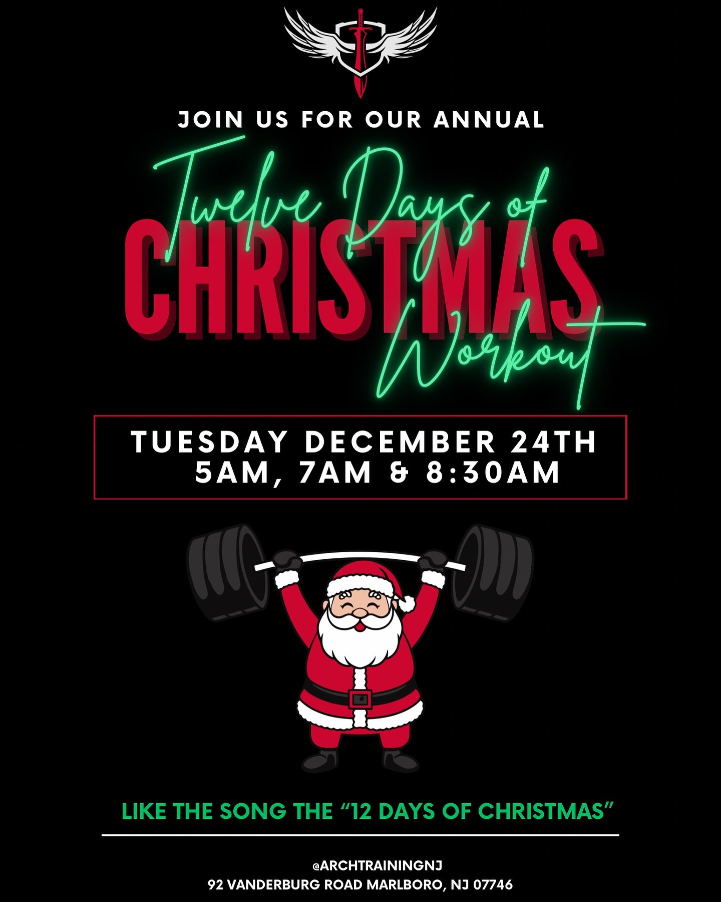 ✨💪Join us on Christmas Eve for our annual:
🎄12 Days of Christmas Workout at 5AM, 7AM &amp; 8:30AM 🏋️&zwj;♂️

▪️What&rsquo;s the 12 Days of Christmas Workout?!
&bull;Like the song &ldquo;12 Days of Christmas&rdquo; !

🎅Get ready to sleigh this wor