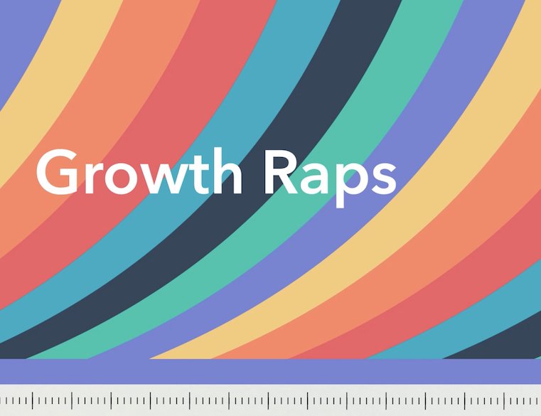 Colorful, curved stripes in blue, yellow, red, purple, and black with white text that reads 'Growth Raps'.