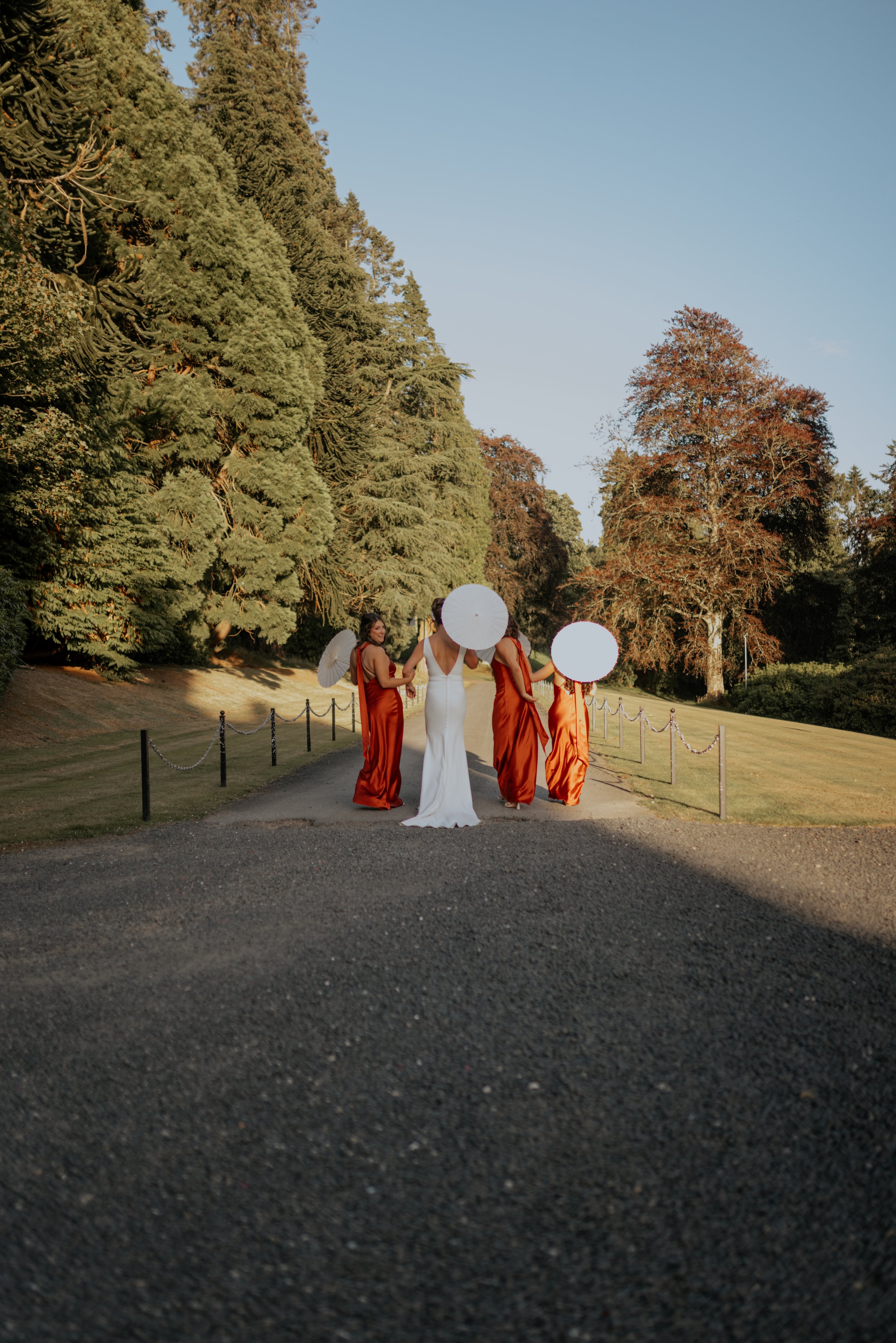 A bride in a white dress walking with three bridesmaids in orange dresses holding white parasols on a pathway in a park with tall green trees and a blue sky.