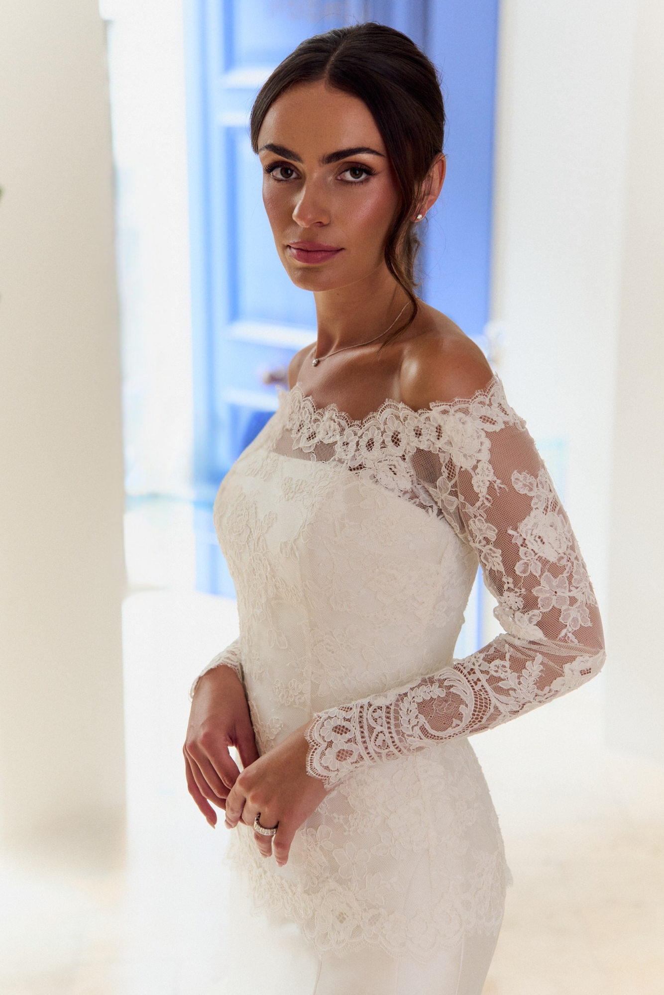 Caroline Castigliano Tulip wedding gown with detachable bridal shrug.