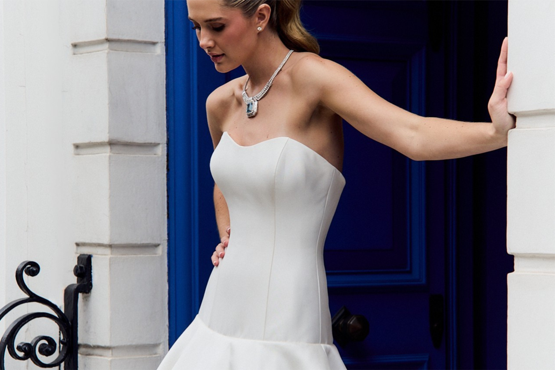 Caroline Castigliano Gardenia Bloom wedding gown featuring a sculpted drop waist silhouette and clean architectural lines.