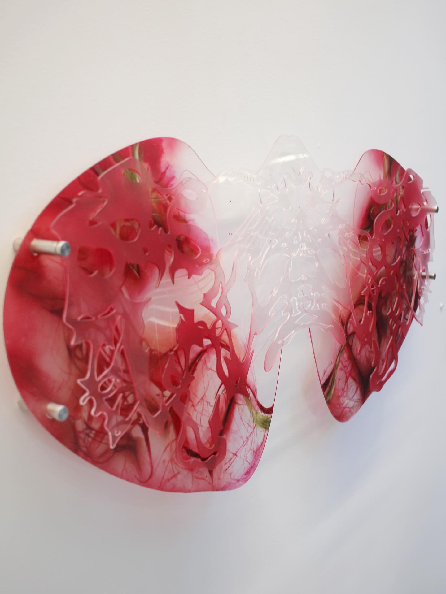 My last braincell is heart shaped ( also known as &ldquo;blood won&rsquo;t flow&rdquo;)
Oil and car enamel on plexiglass 
47x19.5x2.5in 
.
Made using a combination of abstracted heart and brain cells which speak to the heart and brains connection via