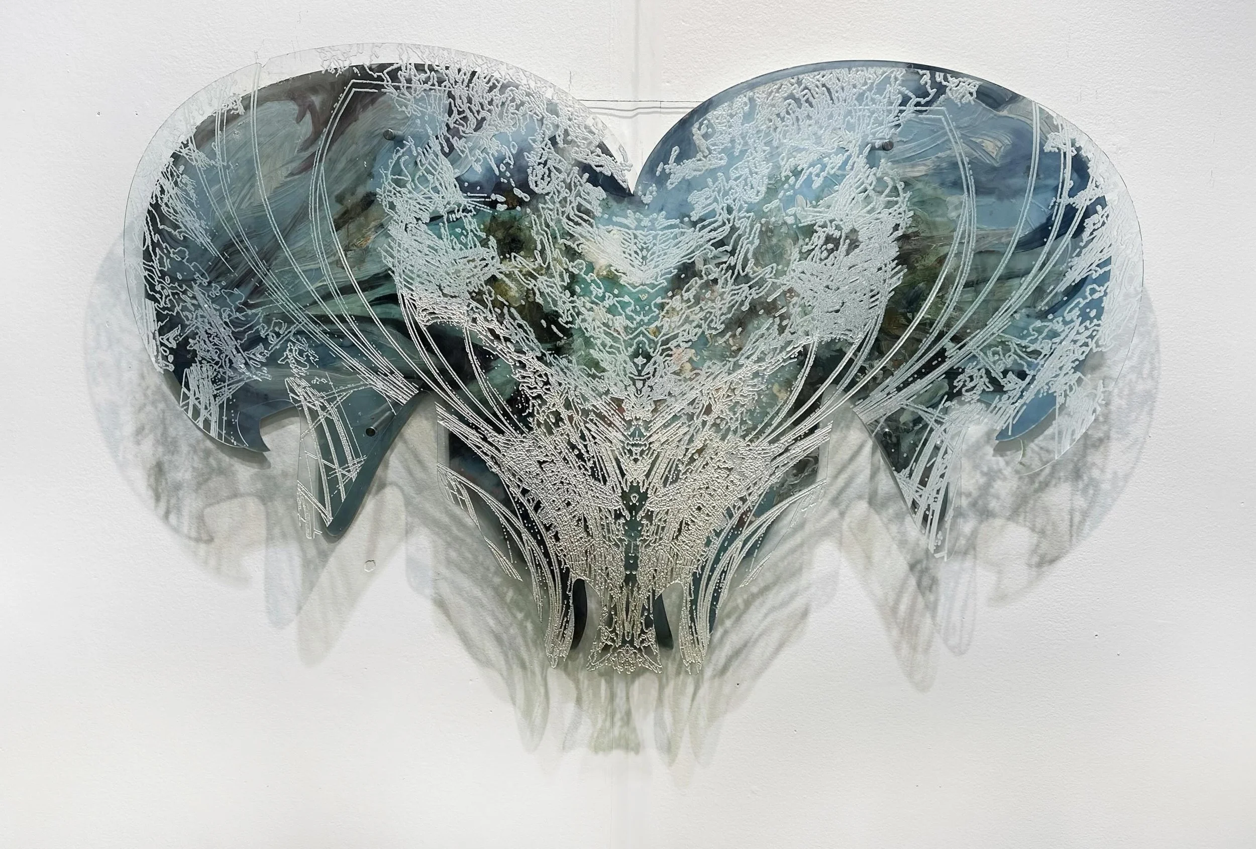 Hallgrimskirkja
Etched with a combination of brainwaves taken in reaction to Hallgrimskirkja in Reykjavik, Iceland and the architecture itself. Made for and shown for the first time @theotherartfair 
Acrylic and oil paint on Cnc carved plexiglass ✨
2